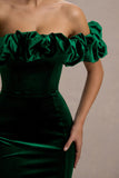 Esmeralda Bottle Green Velvet Structured Ruffled Bardot Maxi Dress