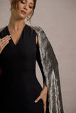 Ilenia Black V-Neck Maxi Dress With Metallic Cape