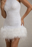 Lumi White Sequin High-Neck Feather Trim Mini Dress