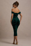 Gratitude Bottle Green Velvet Off The Shoulder Ruched Midi Dress