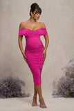 Unwrapped Dark Pink Ruched Twist Bardot Maternity Midi Dress