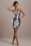 Jasmyn Silver Sequin Square-Neck Mini Dress