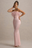 Dress For It Pale Pink Satin Feather Trim Bandeau Maxi Dress