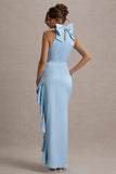 Maureen Powder Blue Satin High-Neck Draped Maxi Dress