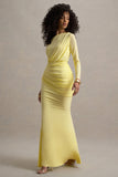 Deanna Lemon Asymmetric Long-Sleeve Ruched Maxi Dress