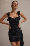 Lesina Black Satin Ruched Corset Mini Dress With Drape