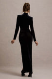 Jaz Black Velvet High-Neck Gathered Split Maxi Dress