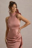 Maureen Pink Satin High-Neck Draped Maxi Dress