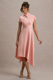 Velma Light Pink Satin Midi Dress With Draped Hem