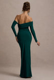 Stand Out Bottle Green Bardot Long Sleeve Ruched Maxi With Side Split