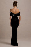 West End Black Velvet Embellished Bardot Maxi Dress