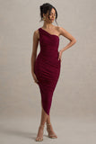 Dorit Burgundy One Shoulder Asymmetric Ruched Midi Dress
