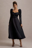 Kansas Black Square-Neck Puff-Sleeve Belted Midi Dress