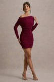 Zhara Burgundy Ruched One-Shoulder Bodycon Mini Dress