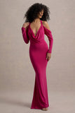 Hurghada Hot Pink Plunge-Neck Long-Sleeve Maxi Dress