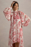 Delphia Pink Porcelain Print High-Neck Maxi Dress With High-Low Hem