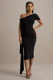 Vallea Black One-Shoulder Draped Midi Dress