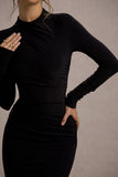 Hespera Black High-Neck Long-Sleeve Gathered Maxi Dress