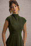 Velma Olive Satin Midi Dress With Draped Hem