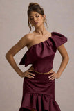 Sandie Merlot Satin Bardot Ruffled Crop Top