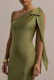 Here For Love Khaki Satin Asymmetric Maxi Dress With Bow