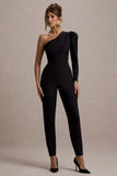 San Jose Black One-Shoulder Puff-Sleeve Jumpsuit