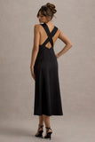Beck Black Satin Plunge-Neck Cross-Back Midi Dress