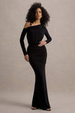 Deanna Black Asymmetric Long-Sleeve Ruched Maxi Dress