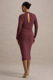 Pandora Burgundy Long-Sleeve Midi Dress With Cut-Out