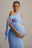 Katarine Powder Blue Asymmetric Knot Maternity Midi Dress