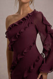 Lalika Burgundy Asymmetric One-Sleeve Ruffle Maxi Dress