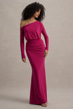Deanna Hot Pink Asymmetric Long-Sleeve Ruched Maxi Dress