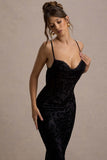 Whitney Black Velvet Floral Strappy Sweetheart Midi Dress