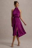 Palonia Pink Satin High-Neck Split Midi Dress
