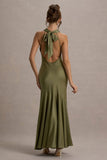 Amelita Khaki Satin Cowl-Neck Maxi Dress