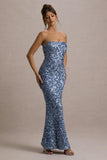 Evabeth Powder Blue Sequin Strapless Maxi Dress