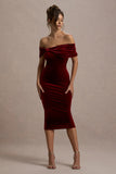 Snowflake Berry Velvet Bardot Bow Detail Midi Dress