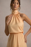 Palonia Peach Satin High-Neck Split Midi Dress