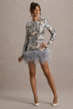 Wynter Silver Sequin Long-Sleeve Feather-Trim Mini Dress