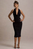 Coda Black Ruched Plunge-Neck Midi Dress