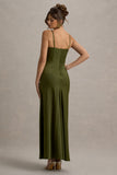 Eimear Olive Green Satin Draped Sweetheart Maxi Dress