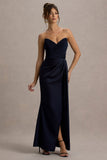 Edel Navy Satin Strapless Maxi Dress With Drape