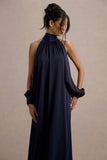 Baila Navy Satin High-Neck Cape-Sleeve Maxi Dress
