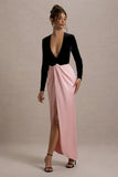 Love Spell Black Velvet Plunge-Neck Maxi Dress With Pink Satin Skirt