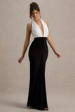 Payton Black & White Ruched Halter-Neck Maxi Dress