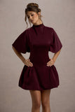 Alva Burgundy High-Neck Short-Sleeve Mini Dress With Volume Skirt