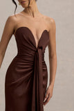 Mackenzie Brown Satin Plunge-Neck Draped Maxi Dress