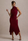 Prianyka Berry High-Neck Draped Midi Dress