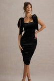 Tarna Black Velvet Midi Dress With Bow Straps