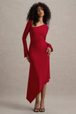 Serenita Red Asymmetric Long-Sleeve Midi Dress